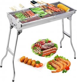 Barbecue Grill Stainless Steel BBQ Charcoal Grill Smoker Barbecue Folding Portable for Outdoor Cooking Camping Hiking Picnics Backpacking