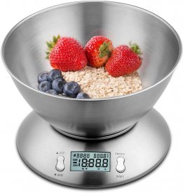 Himaly Digital Kitchen Food Scales, Stainless Steel Weighing Cooking Scales with Detachable Bowl,11lb/5kg LCD Display with Tare Function, Temperature Sensor and Timer Alarm(2 AA Batteries Included)