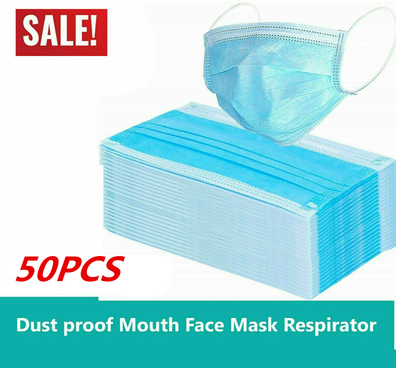 Mbuynow 50X Disposable Medical Surgical Face Masks 3 Ply Dust Smog Flu Mask